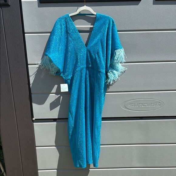 Blue Glitter Kaftan with Feather Trim - BRAND NEW - One Size - Glitter Cover Up - Picture 1 of 4